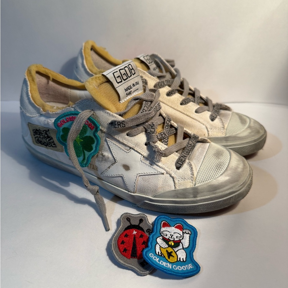 Women Golden Goose White and Gray Sneakers with Colorful Patches, Size 7